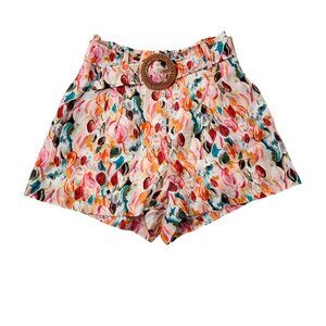 Lavender Brown High-Waisted Floral Print Belted Shorts With Woven Buckle S